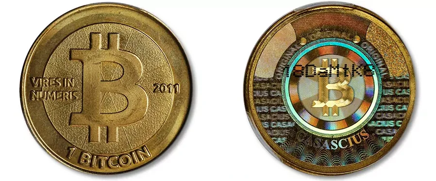 A Casascius physical bitcoin, front and back