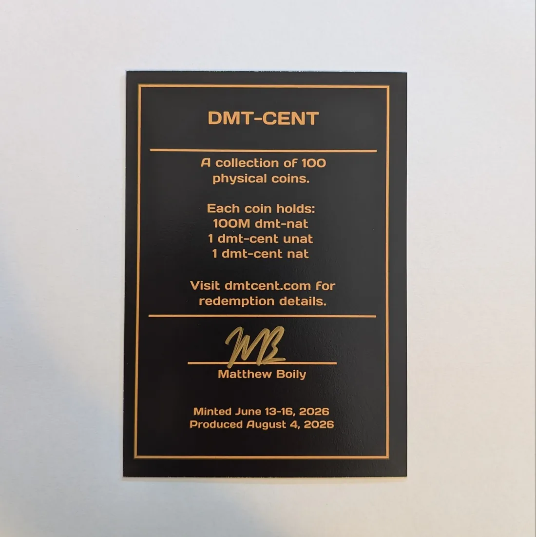 DMT-CENT certificate of authenticity, back, with collection details and signature