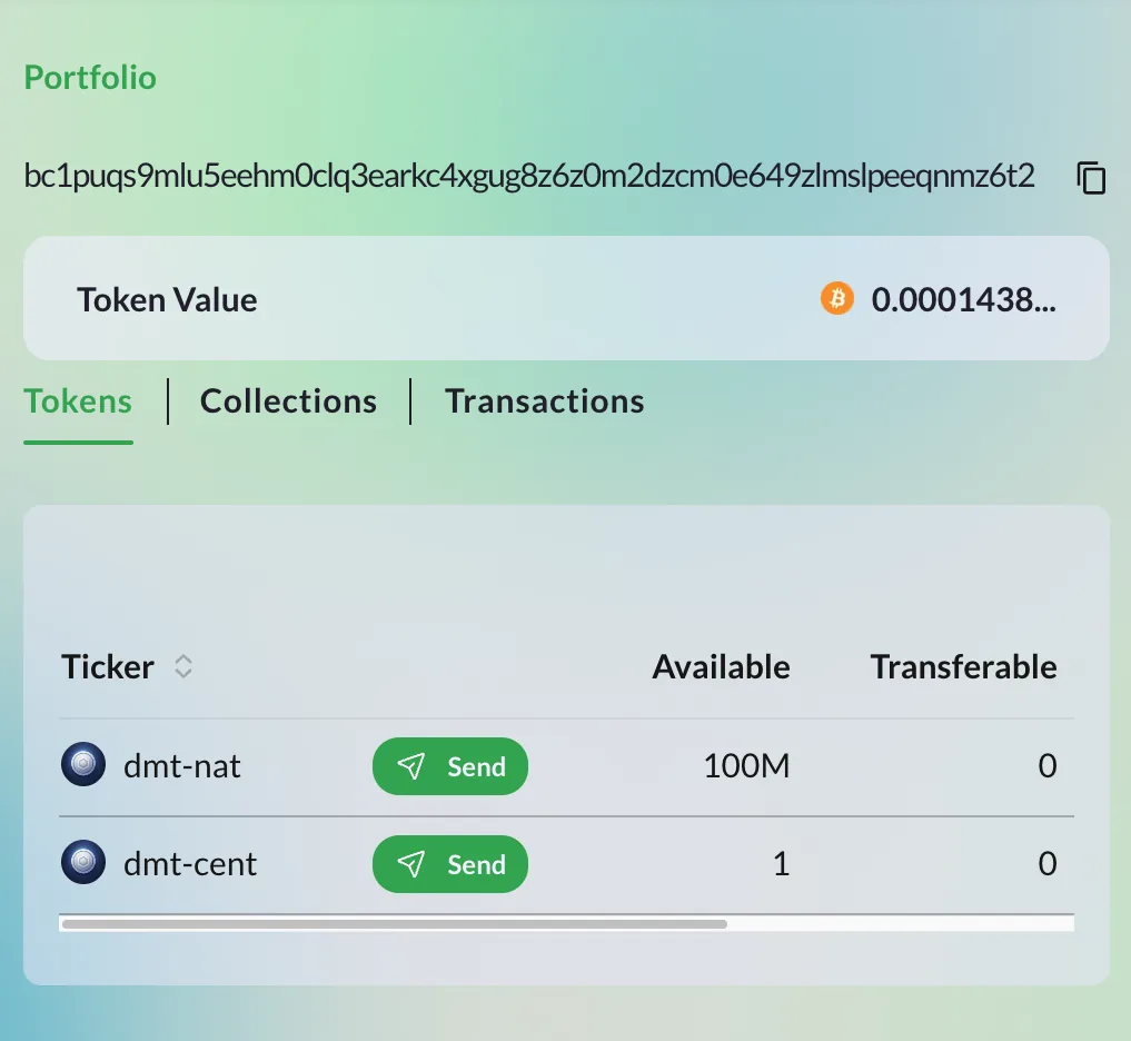 TAP Wallet showing the DMT-NAT and DMT-CENT balances